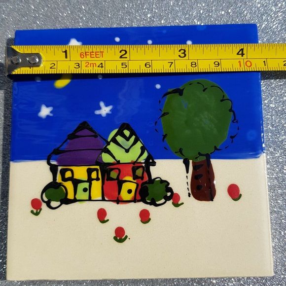 Robin Sterling Art Tile Ceramic Trivet Coaster 2 Houses Night Moon 4.25" RARE - Picture 4 of 11